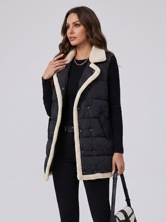 Jackets & Blazers - Women's Black Cream Padded Vest Sleeveless Quilted Jacket Sherpa Trim Pockets